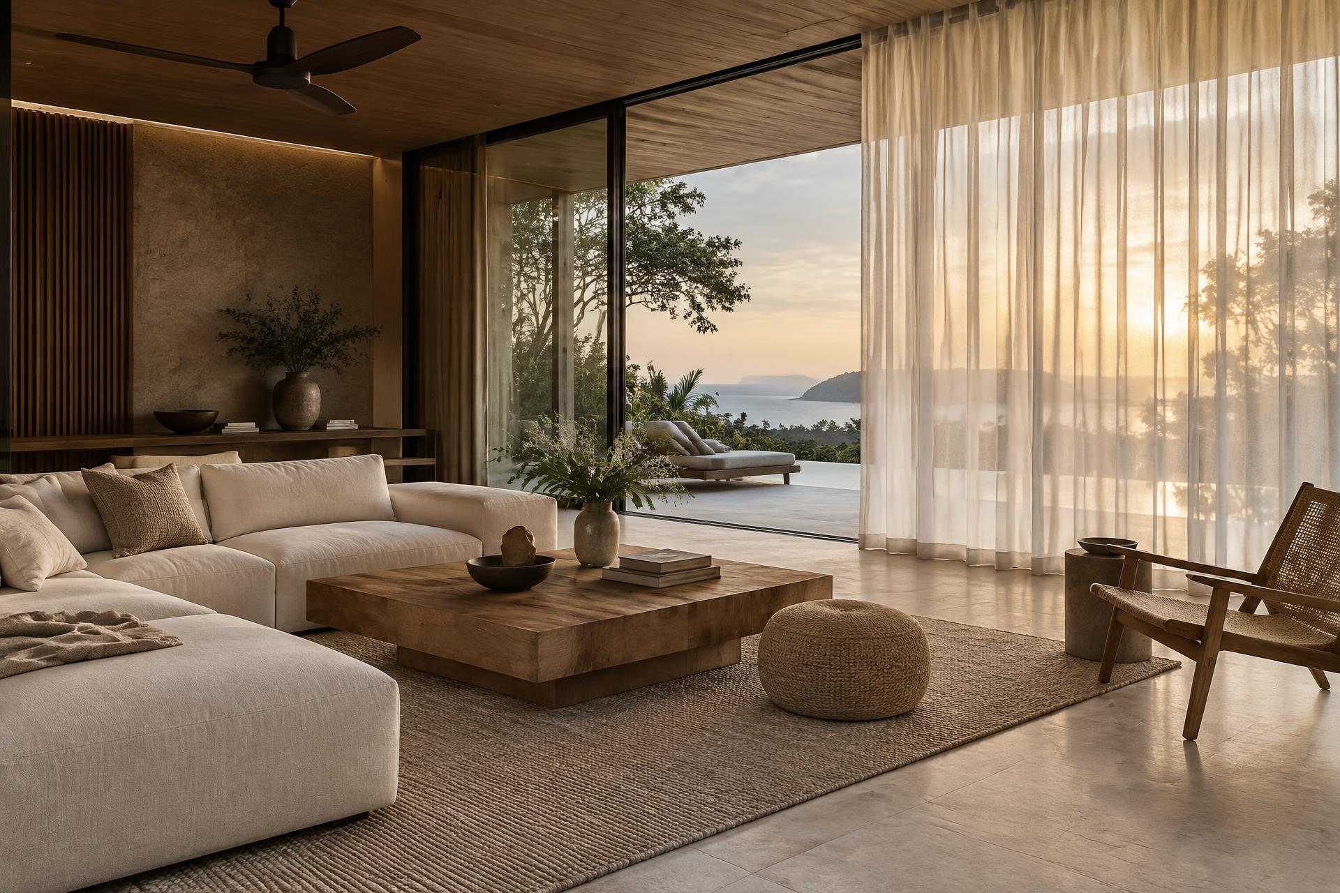 Sala contemporánea con cortinas de lino iluminadas por el atardecer